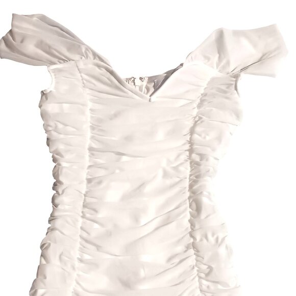 Lulus Ruched Romantic White Mesh Off-the-Shoulder Mermaid Maxi Dress, Size M - Picture 3 of 16